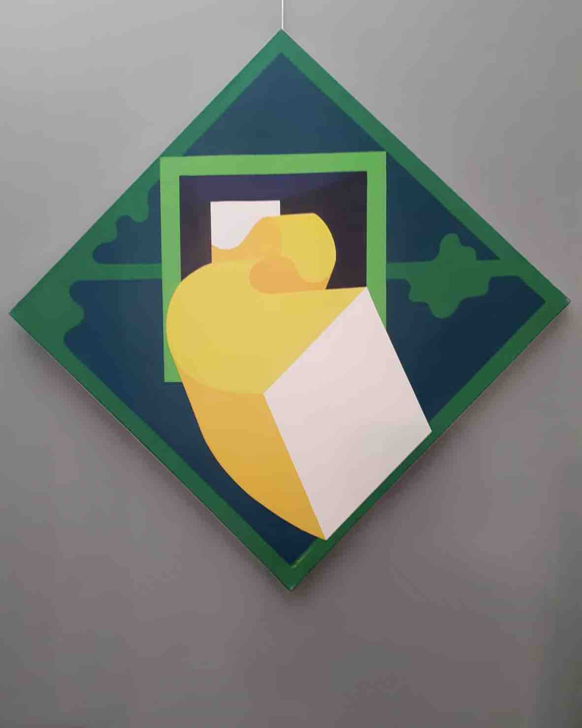Tableau carré sous forme de losange, avec des formes géométriques et des couleurs vives