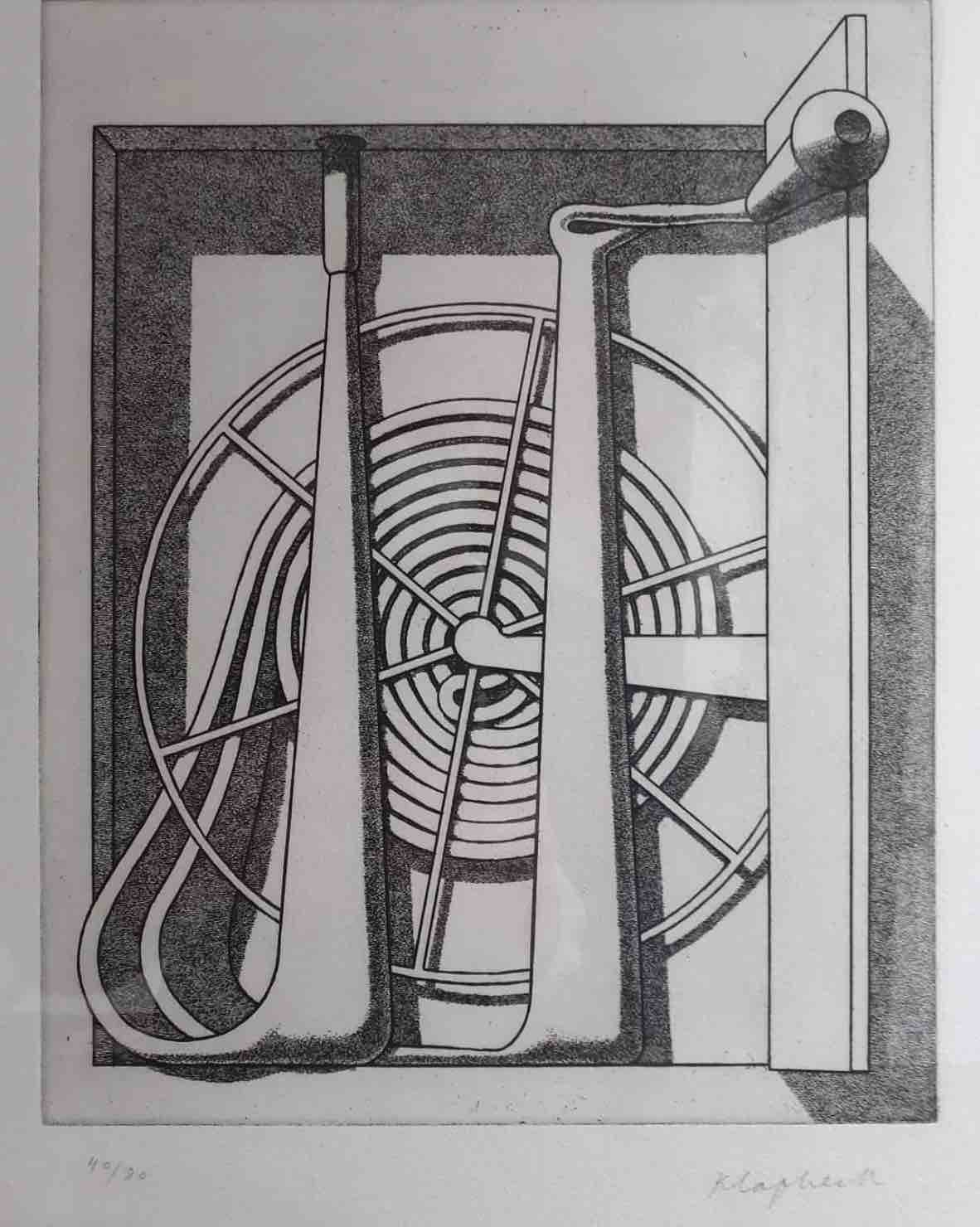 Gravure de Konrad Klapheck Reichtum 1976, qui représente un appareil imaginaire dont le fonctionnement à l'air mystérieux.