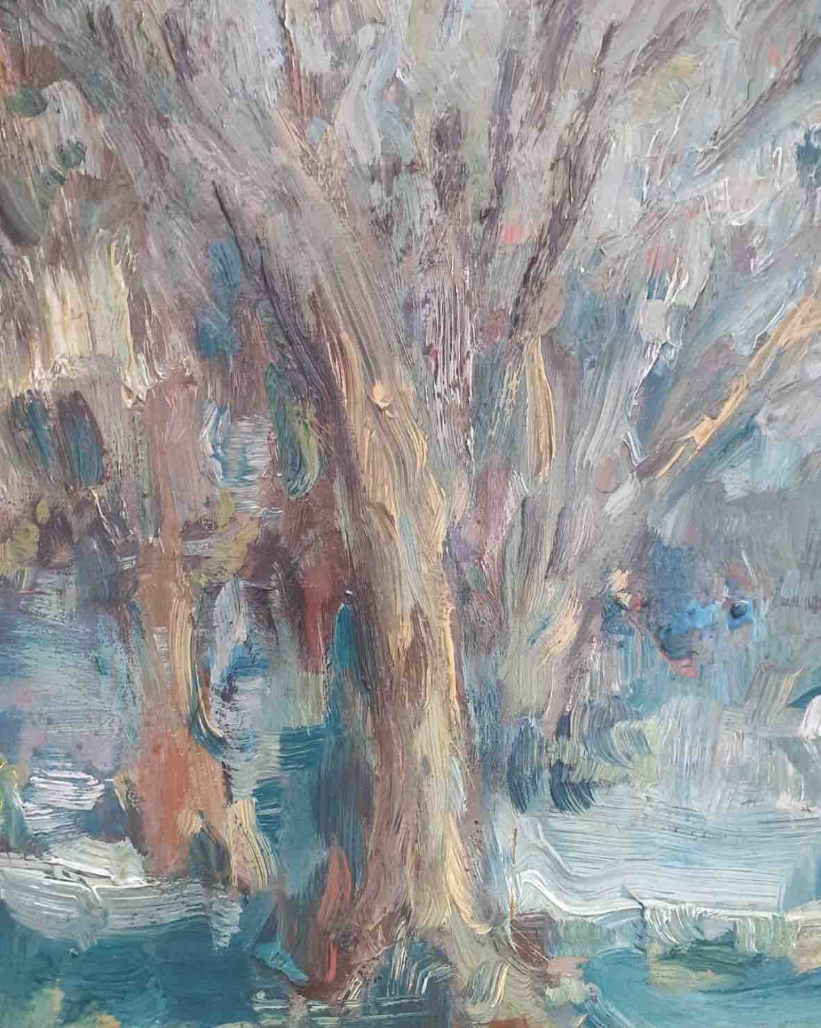 Oeuvre présente sur la page d'accueil de la Galerie d'art Lille Antoine Delerive Huile sur panneau,vers 1940. 30 x 29 cm de Eugène leroy qui est abstrait et représente un arbre au premier plan et un autre arbre au second plan