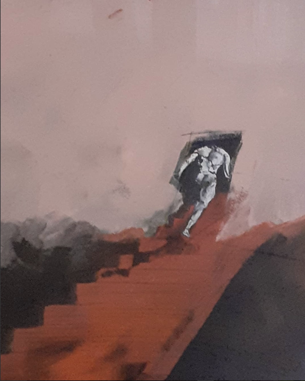 Acrylique sur toile de Vladimir Velickovic qui représente un homme montant des marches rouge et entrant dans un mur ou seul un carré est découpé.