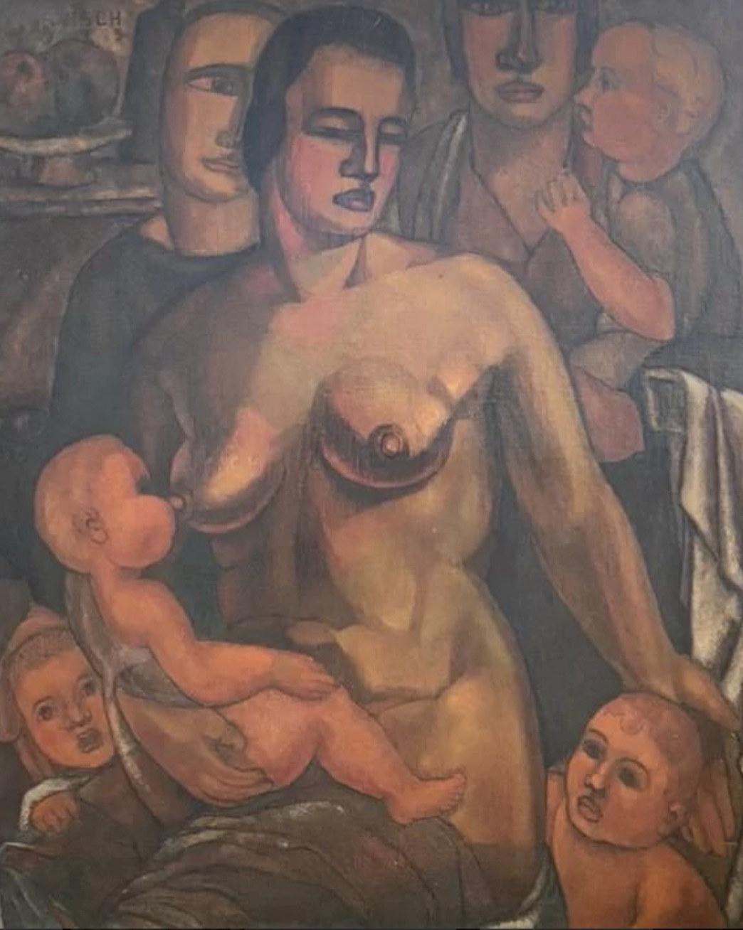 Huile sur toile de Jean Vervish 1925 représentant une femme qui donne le sein.